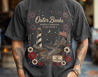 Outer Banks NC 4th of July T-Shirt | North Carolina Lighthouse | Girly America Tee | Freedom, American Pride | 250 years | OBX USA Shirt