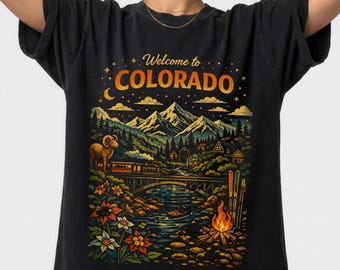 Welcome Colorado camping T-Shirt | Mountain lake, campfire | Rocky Mountains CO Shirt | Ski Snow Tshirt | River Kayak Tee | Fishing Hiking