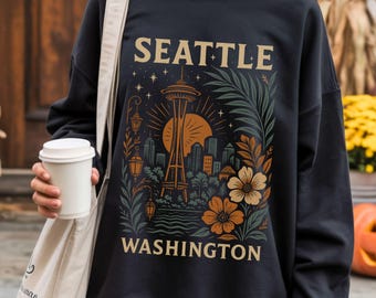 Sudadera de Seattle, Washington / Sudadera con cuello redondo y estampado floral del horizonte / Aguja Espacial de Washington / Sudadera de manga larga de Washington / Regalo para una amiga / Regalo para ella