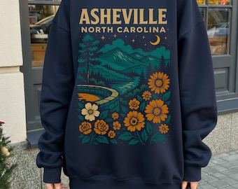 Sudadera con capucha de Asheville, Carolina del Norte, con escena de montaña, girasoles, regalo de Carolina del Norte, recuerdo de Asheville, unisex