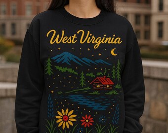 West Virginia Cabin Night Scene Crewneck Sweatshirt | Mountain Lake Flowers | Firefly Shirt | WV State Hoodie | Lake Life Woodsy Sweater