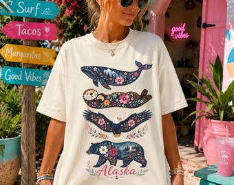 Floral Alaska Wildlife t-shirt | whale, otter, eagle, bear Shirt | Girly AK Hoodie | Alaskan Wilderness tee | Anchorage, Juneau, Fairbanks