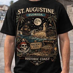 St. Augustine Florida Küste T-Shirt | Leuchtturm-Nachtschädel-Piraten-Shirt | Augustin FL | Castillo de San Marcos T-Shirt | Küsten-Vintage