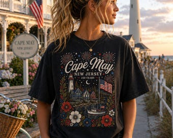 Cape May NJ USA T-shirt | Coastal Harbor, Floral Girly 4th of July Tee | 250 Years | Red, White, Blue America Shirt | Independence Day