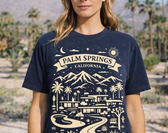 Palm Springs California Desert Scene T-Shirt | Midcentury Modern Palm Trees & Mountains | Palm Springs CA Tshirt | California Desert Oasis