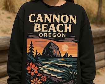 Cannon Beach Oregon Sunset Crewneck Sweatshirt | Coastal Scenic Tee | OR State Hoodie | Retro PNW Shirt | Oregon Coast | Haystack Rock