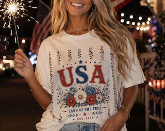 USA Floral T-shirt | Land of the Free Patriotic Tee | 4th of July Tee | United States, America Shirt | Independence Day, Girly Floral USA