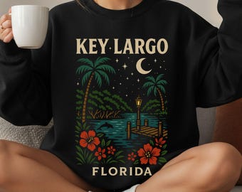 Key Largo Florida Nightscape Crewneck Sweatshirt | Palm Trees, Dock, Hibiscus | FL State Hoodie | Coastal Beach Shirt | Vacation
