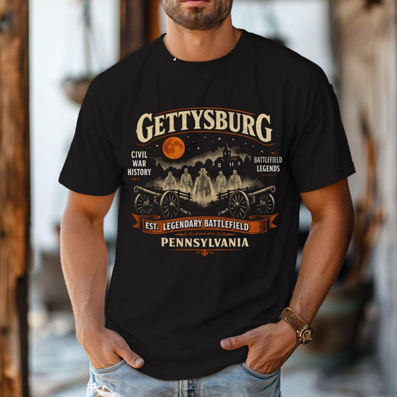 Gettysburg Battlefield Graphic T-shirt | Pennsylvania Civil War History | Gettysburg PA | Ghost, Haunted Shirt | Halloween | Battlefield Tee