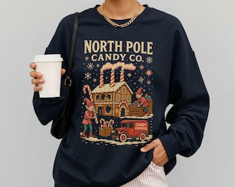 North Pole Candy Crewneck Sweatshirt, Christmas Gift, Holiday Apparel, Ugly Sweater, Gingerbread Jumper, White Elephant, Winter Pullover