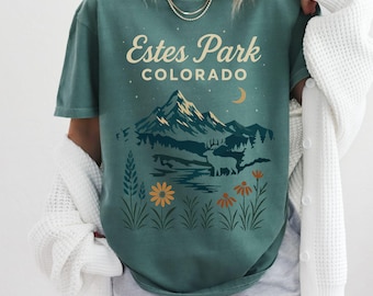 Estes Park Colorado Mountain T-shirt | Moon, Flowers, Lake | Rocky Mountains CO Shirt | Elk Tshirt | National Park | Estes Park Colorado Tee