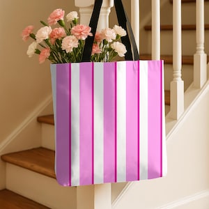 Chic Pink Striped Tote Bag | Fashionable Eco-Friendly Carryall for Shopping, Beach, or Travel, Gift for Her, Stylish Reusable Bag