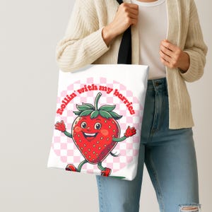 Playful Retro Vintage Walking Strawberry Tote Bag, Fun Grocery Bag, Cute Shopping Tote, Berry Lover Gift, Summer Accessory, Shopping Tote