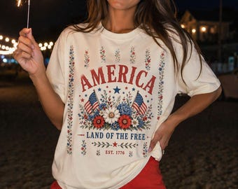 America Floral Flag T-shirt | Land of the Free Tee | 4th of July Tee | United States, America Shirt | Independence Day, Girly Floral USA