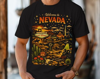 Welcome to Nevada T-Shirt | Las Vegas Route 66 desert Tee | Western NV Shirt | cowboy desert top | Nevada Graphic | Retro Neon City Lights