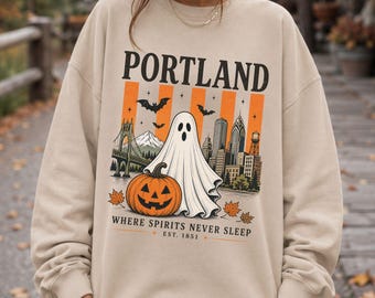 Portland Oregon Ghost Halloween Sweatshirt | Pumpkin, Bats, Ghosts Haunted OR Hoodie | Trick-or-treat, Spooky, Spirits | PNW, Mount Hood