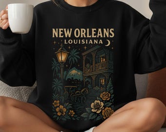 Vintage grafische sweater New Orleans, Louisiana | French Quarter sweater met ronde hals | LA-trui met lange mouwen | Mardi Gras-sweater