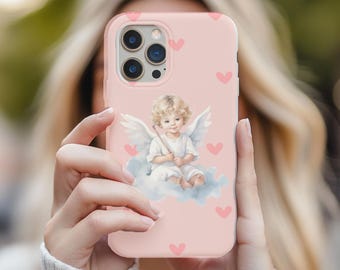 Cherubic Angel Magnetische Handyhülle - Süße Rosa Handyhülle mit Engel und Herzen - Hellrosa Schutzhülle
