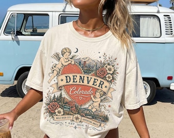 Denver Colorado Heart Crest T-Shirt | Vintage Cherubs Floral Design | Denver CO | Rocky Mountains | Boho Graphic Tee, Boutique Style Shirt