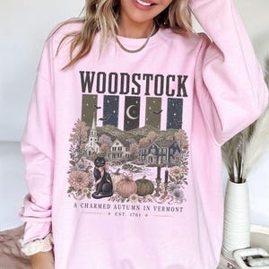 Woodstock Vermont Sweatshirt | Autumn Black Cat, Bats | Fall Halloween Woodstock VT | Witchy Fall | Haunted, Maple Leaves, Trick or Treat