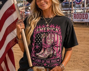 America Cowboy Boot Flag graphic T-Shirt | Land of the Free | Pink Girly 4th of July Tee | United States, America Shirt | Independence Day