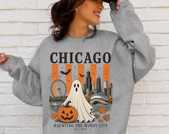 Chicago Illinois Halloween Ghost Sweatshirt | Windy City Haunted Bat Pumpkin Shirt | Chicago IL | Trick-or-treat, Spooky, Spirits | Fall