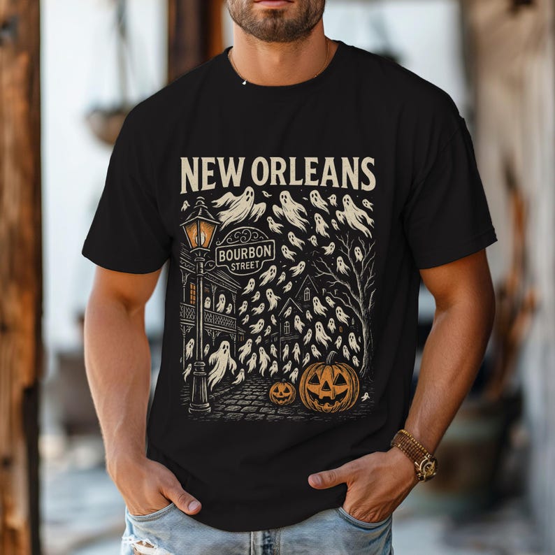 T-shirt New Orleans Ghosts, Spooky T-shirt, Halloween-shirt, Louisiana Ghost Haunting T-shirt, shirt Bourbon Street Haunted Tour, historische stad - afbeelding 3