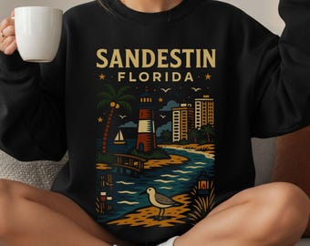 Sandestin Florida Lighthouse Beach Scene Crewneck Sweatshirt | Vintage Coastal Beach Shirt | Retro FL Travel Hoodie | Florida Gift
