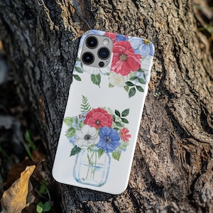 Magnetic Tough Cases, Red White and Blue Floral Phone Case Flowers in a Vase, Preppy Design, Unique Gift for Her, Custom Protective Cover,