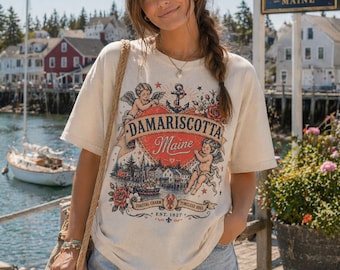 Damariscotta Maine Tattoo Heart with Cherubs T-Shirt | New England Harbor Shirt, Boho Vintage Travel Tee, Maine Lobster Town Shirt, ME Gift