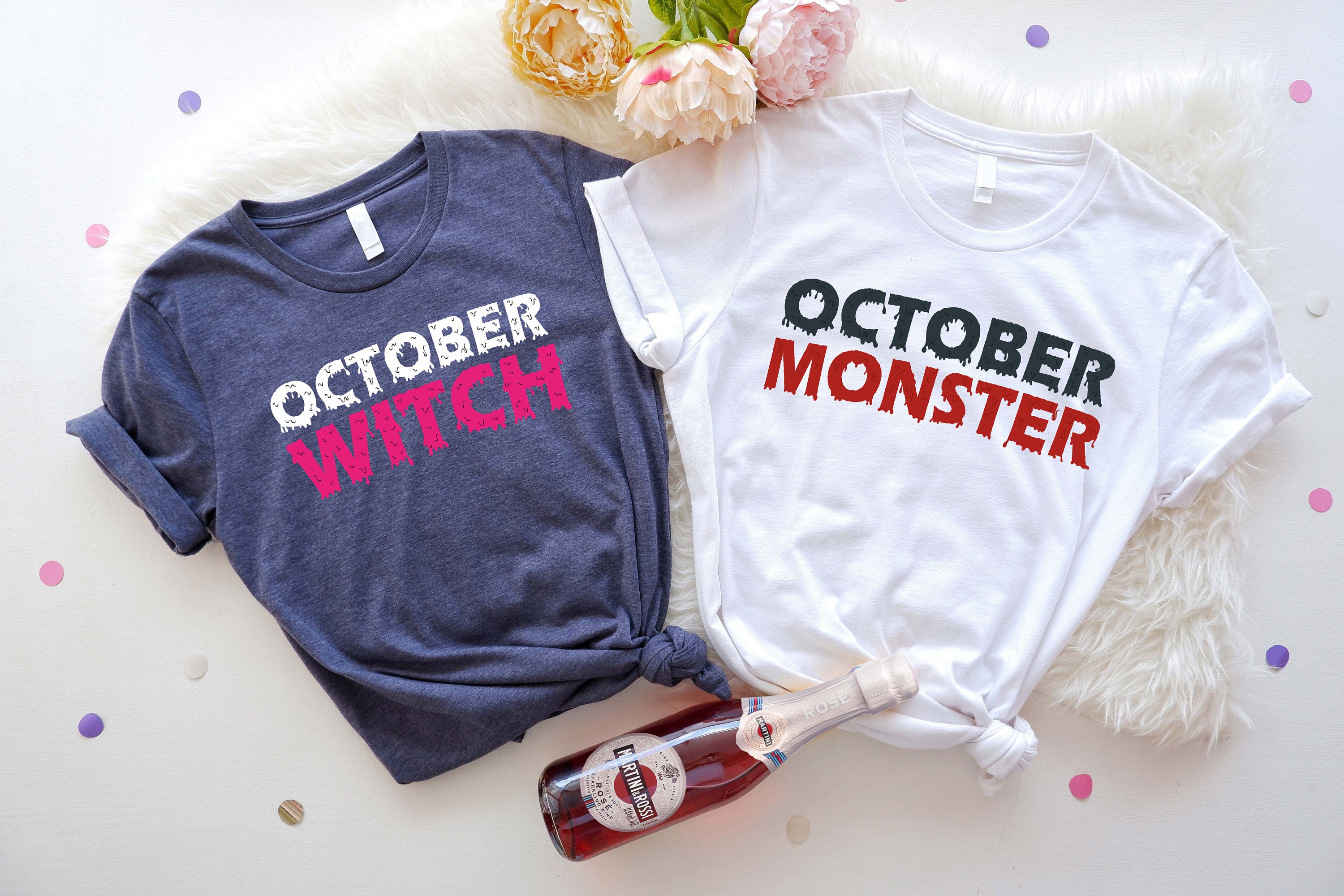 Discover October Witch Shirt, October Monster Shirt, Halloween Matching Couple T-Shirt, Cute Halloween Shirt For Couples, Spooky Season Tee, Fall Tee