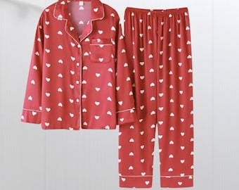 Romantic Red Heart Satin Pajamas Women Set Valentine's Day Women Pajamas Comfy Pajama Set Comfortable Sleepwear Women Gift Women PJs