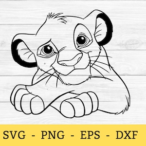 May include: Black and white line art illustration of a lion cub with large eyes and a slightly sad expression. The cub is lying down with its paws crossed. The image includes the text "SVG - PNG - EPS - DXF" at the bottom.