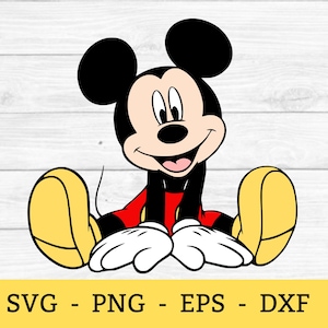 May include: A cartoon illustration of Mickey Mouse in a seated position, with his legs spread and arms resting on his knees. Mickey is wearing red shorts, black shoes, white gloves, and a red shirt. The image includes the text "SVG - PNG - EPS - DXF".