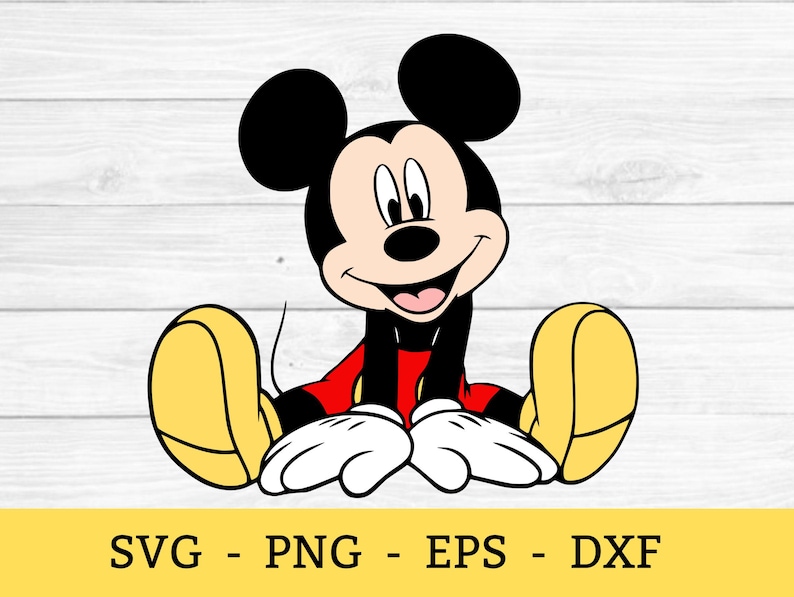 May include: A cartoon illustration of Mickey Mouse in a seated position, with his legs spread and arms resting on his knees. Mickey is wearing red shorts, black shoes, white gloves, and a red shirt. The image includes the text "SVG - PNG - EPS - DXF".