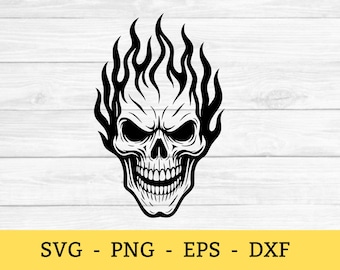 Vlammende schedel SVG, png, eps, dxf - schedel met vlammen vectorafbeeldingen, silhouet SVG-bestanden, ClipArt Halloween-schedel, gothic, biker tattoo