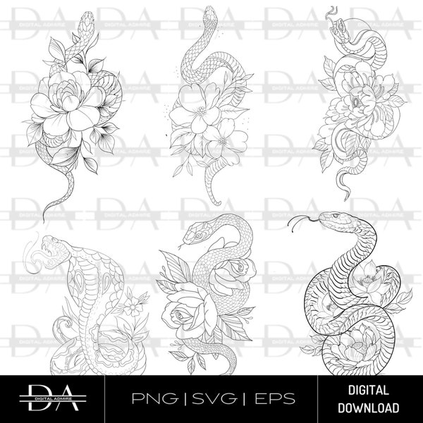 Snake Tattoo Design Bundle PNG SVG EPS 6 Digital Precut Files Instant Download Good for Tattoo's, Wall Prints, T-Shirt Prints, Stickers