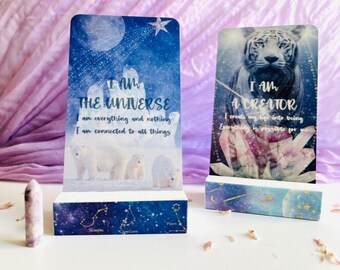 Gorgeous Galaxy Tarot Card of the Day Stand > wooden block stand single card holder with free gift affirmation oracle card and crystal