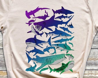 カラフルなサメの種の T シャツ | 海洋生物アート T シャツ | 海好きへのギフト | ユニセックスのサメシャツ