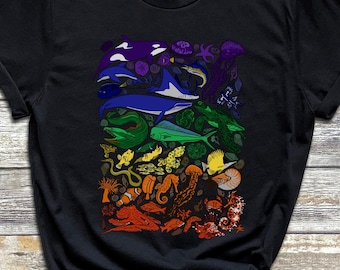レインボー海洋生物Tシャツ - 鮮やかな海の生き物Tシャツ