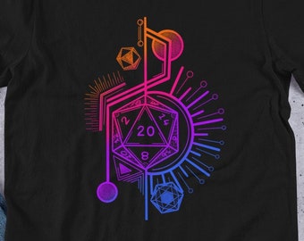 Neon Retro D20 - Camiseta con arte de línea vibrante