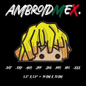 May include: Embroidered patch of a yellow-haired anime character with black eyes. The patch is 5.5 inches by 3.9 inches, or 14 centimeters by 10 centimeters. The text "AMBROIDMEX." is above the patch, and the text ".DST .EXP .HUS .JEF .JPG .PES .VP3 .XXX" is below the patch.