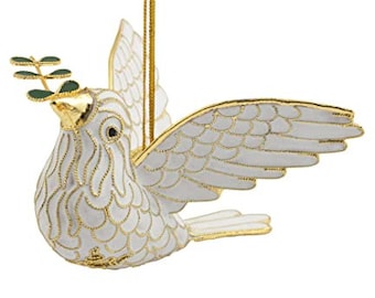May include: A white dove Christmas ornament with gold accents and a green olive branch in its beak.