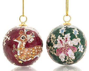 Value Arts Handmade Cloisonne 2 Piece Set Reindeer and Green Poinsettia Ball Ornaments