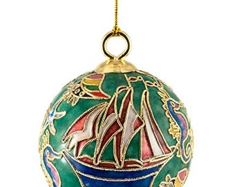 Adorno de bola de barco cloisonné verde, rojo y azul hecho a mano de Value Arts