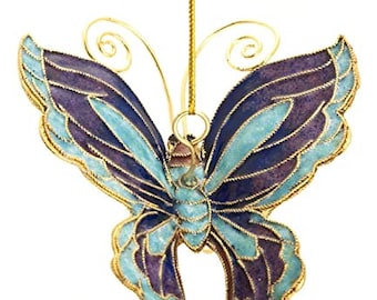 Value Arts Handmade Cloisonne Purple Blue Butterfly Hanging Ornament