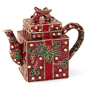 Value Arts Handmade Cloisonne Square Red Christmas Decorative Teapot