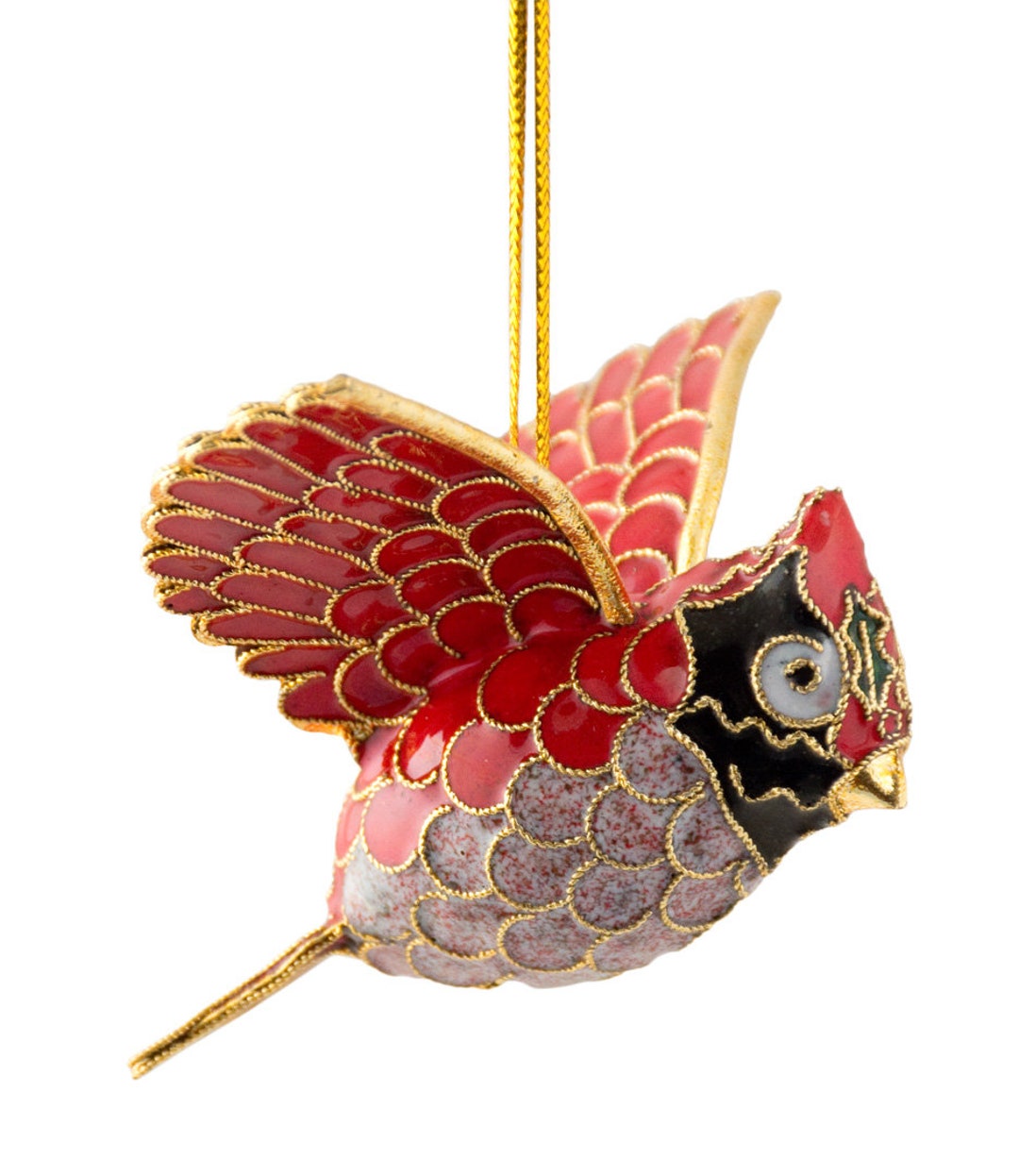 Handmade Cloisonne Red Cardinal Bell Ornament Made In Silver Red