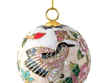 Value Arts Handmade Cloisonne Beige Hummingbird Ball Hanging Ornament