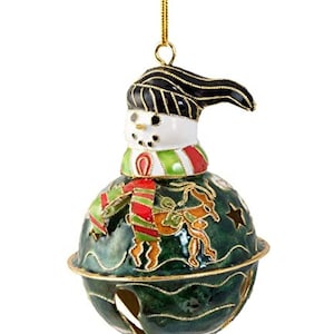 Value Arts  Handmade Cloisonne Green Snowman Sleigh Bell Ornament